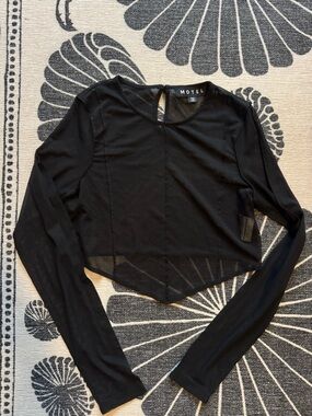 Motel Rocks Black Long Sleeve Sheer Pointed-Hem Crop Top